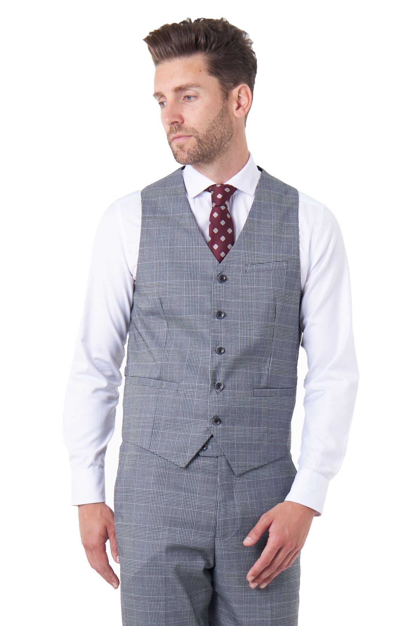 EKON - Grey Prince of Wales Check Suit 3 Piece Tailored Fit