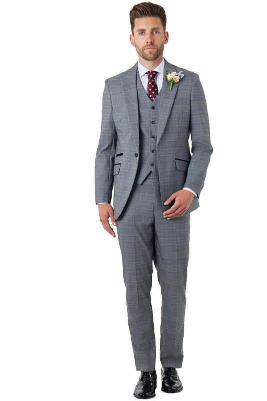 EKON - Grey Prince of Wales Check Suit 3 Piece Tailored Fit