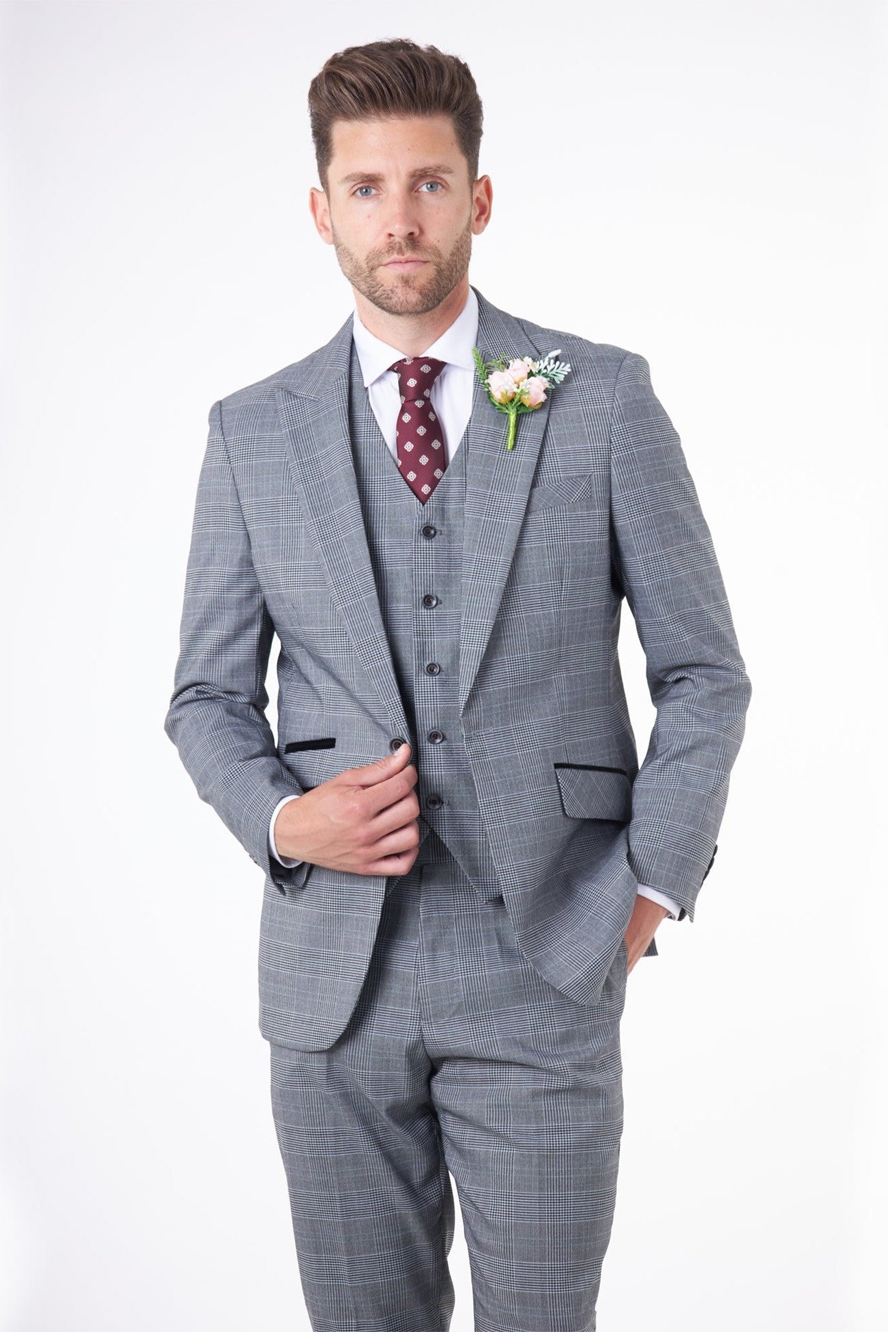 EKON - Grey Prince of Wales Check Suit 3 Piece Tailored Fit