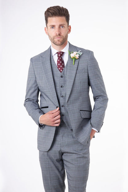 EKON - Grey Prince of Wales Check Suit 3 Piece Tailored Fit