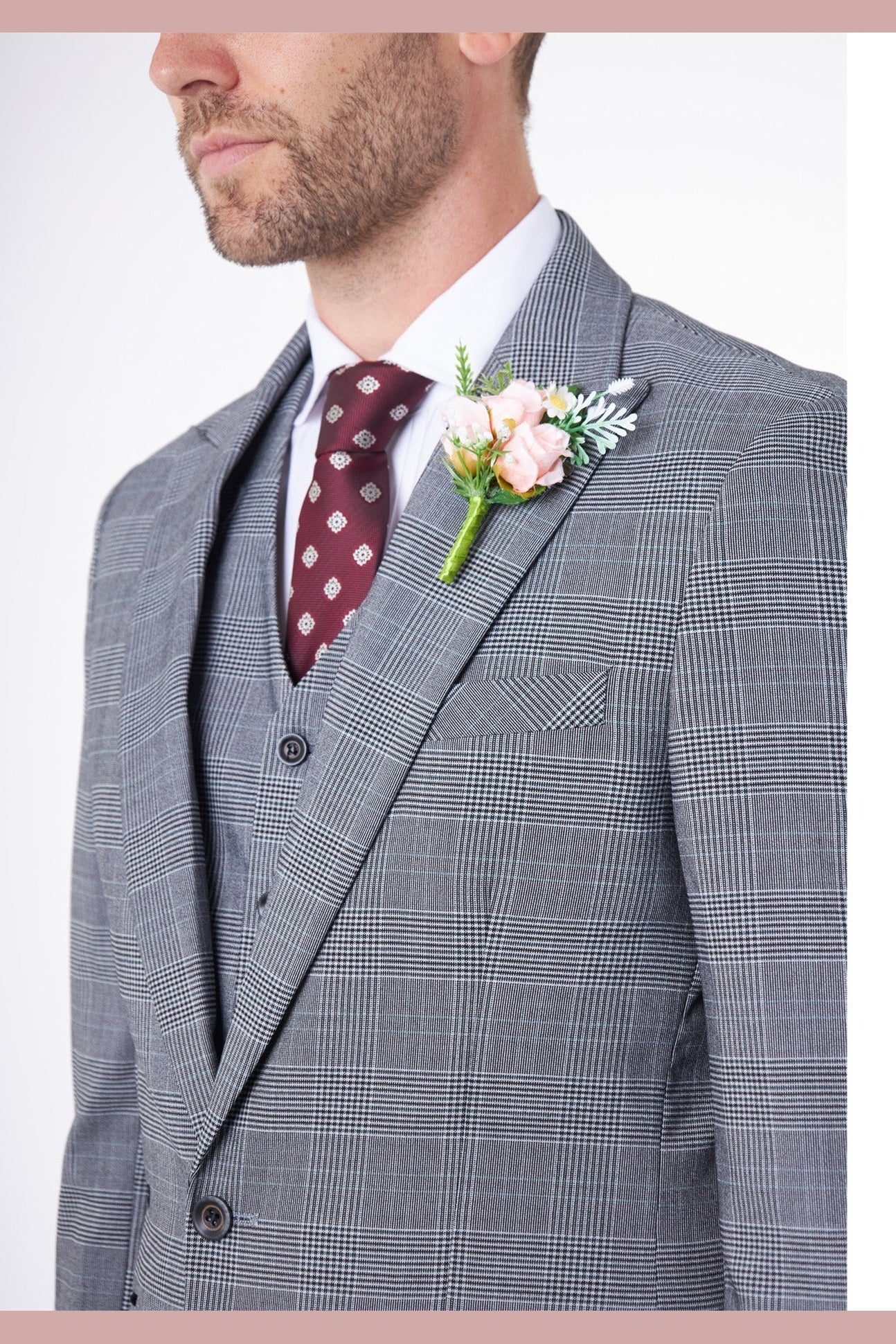 EKON - Grey Prince of Wales Check Suit 3 Piece Tailored Fit