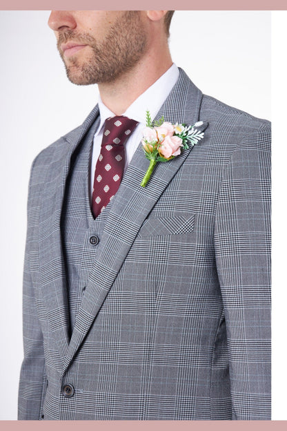 EKON - Grey Prince of Wales Check Suit 3 Piece Tailored Fit