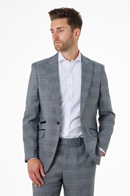 EKON - Grey Prince of Wales Check Suit 3 Piece Tailored Fit