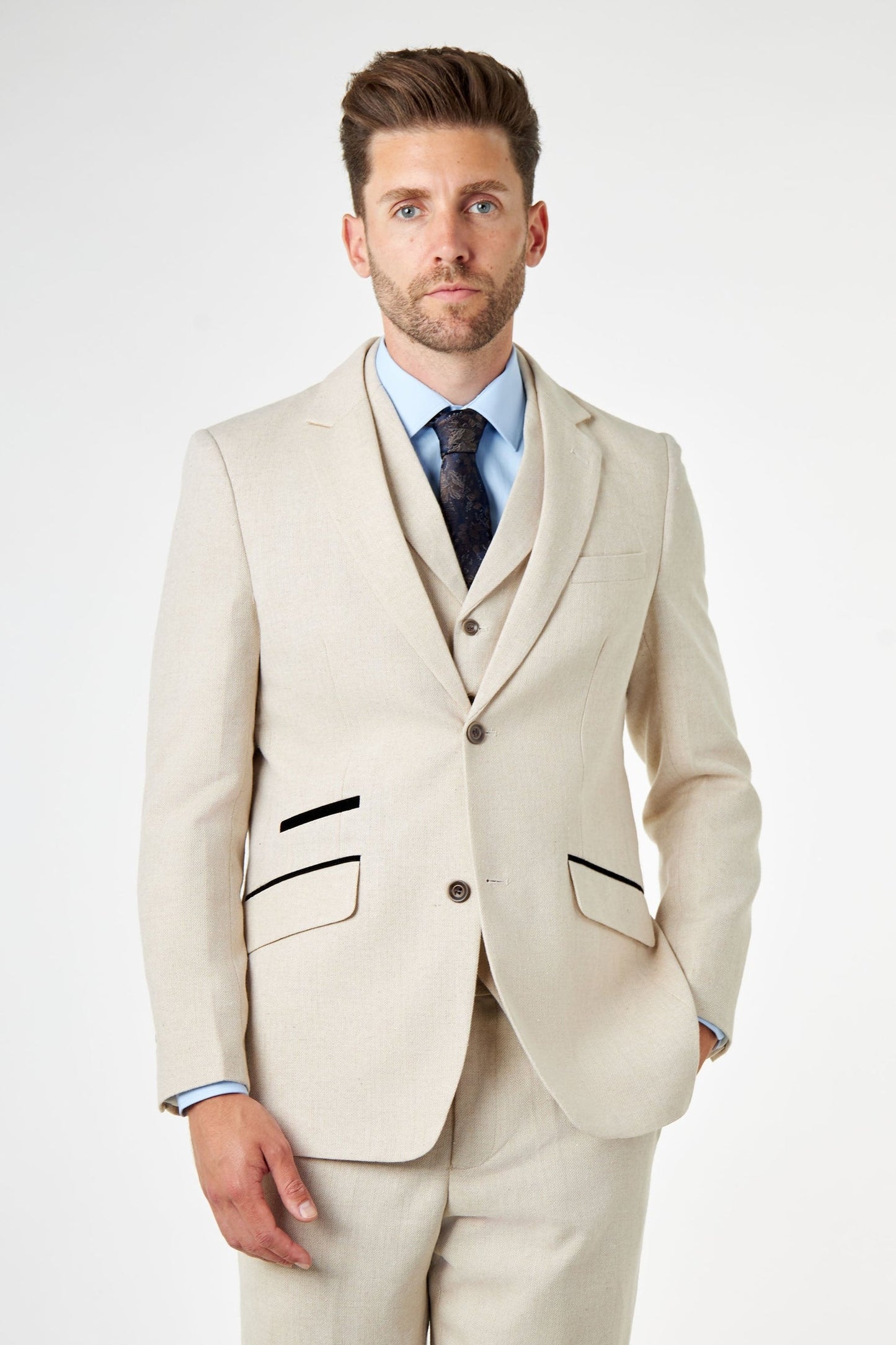 CALIX - Ivory Herringbone Tailored 3 Piece Suit