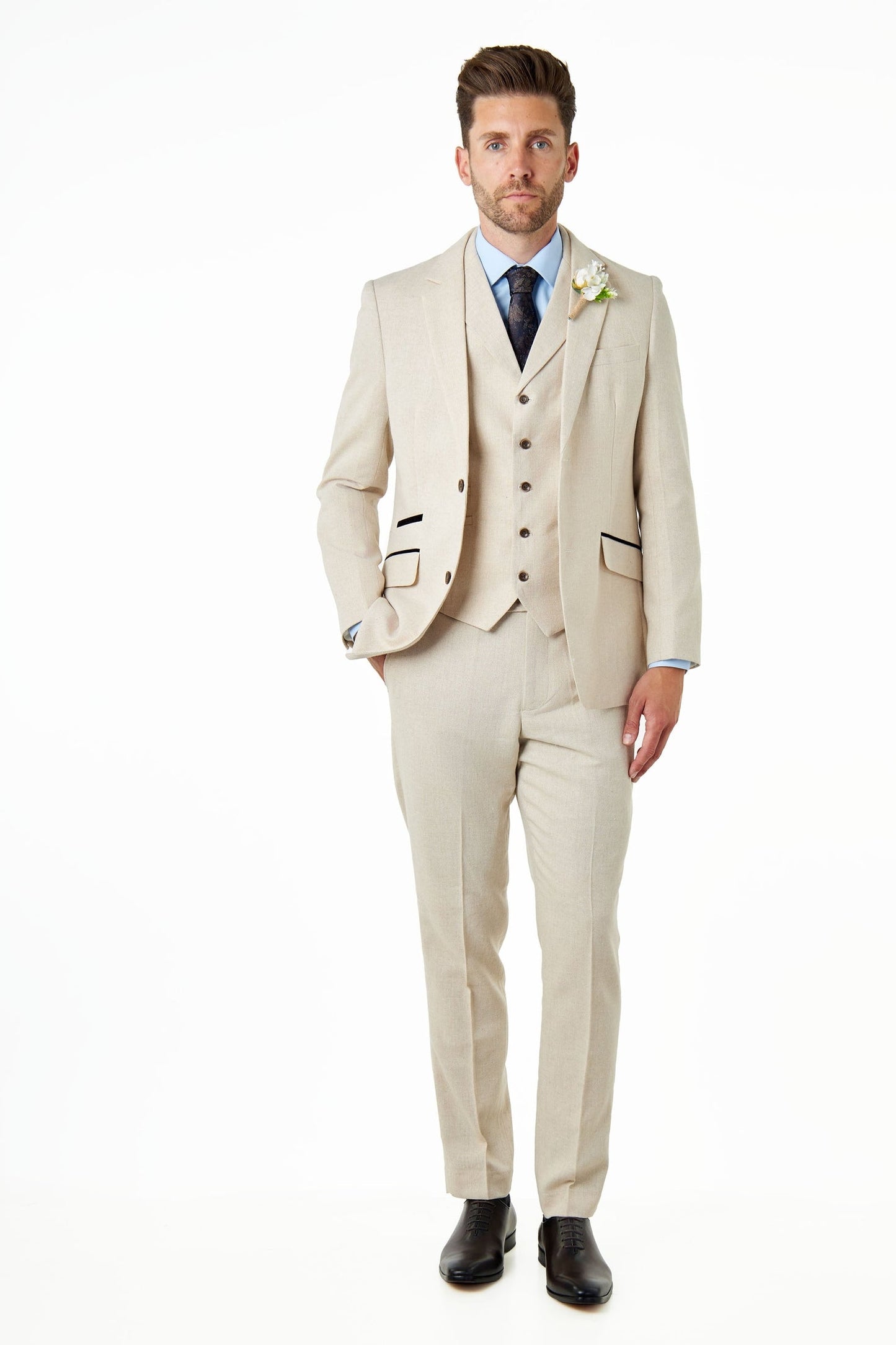 CALIX - Ivory Herringbone Tailored 3 Piece Suit
