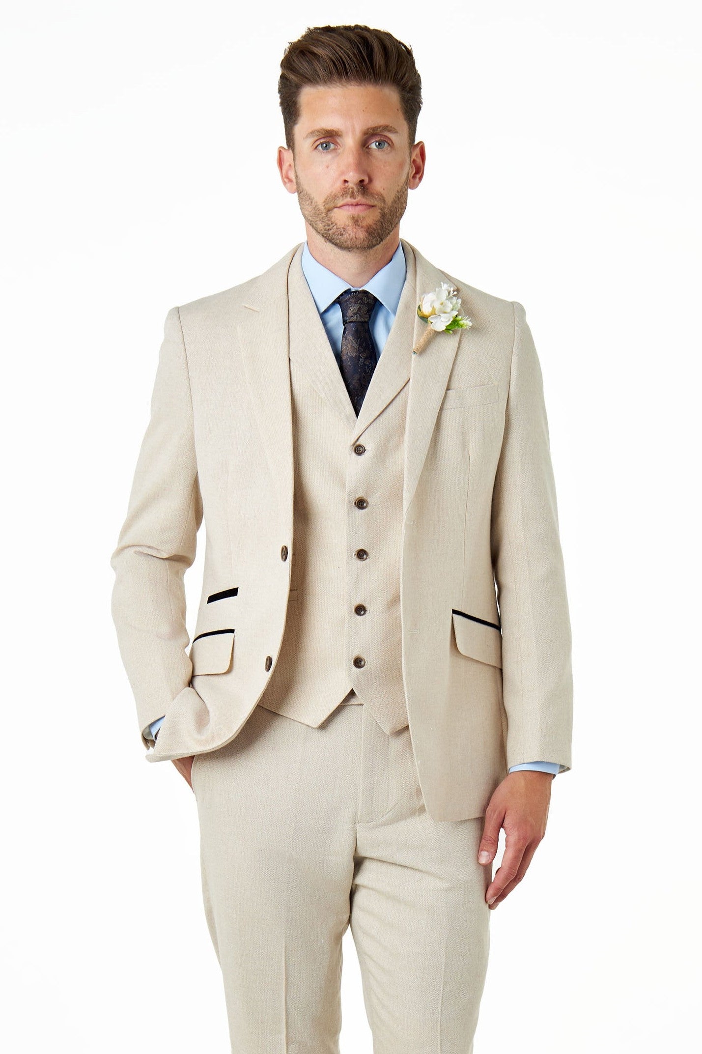 CALIX - Ivory Herringbone Tailored 3 Piece Suit
