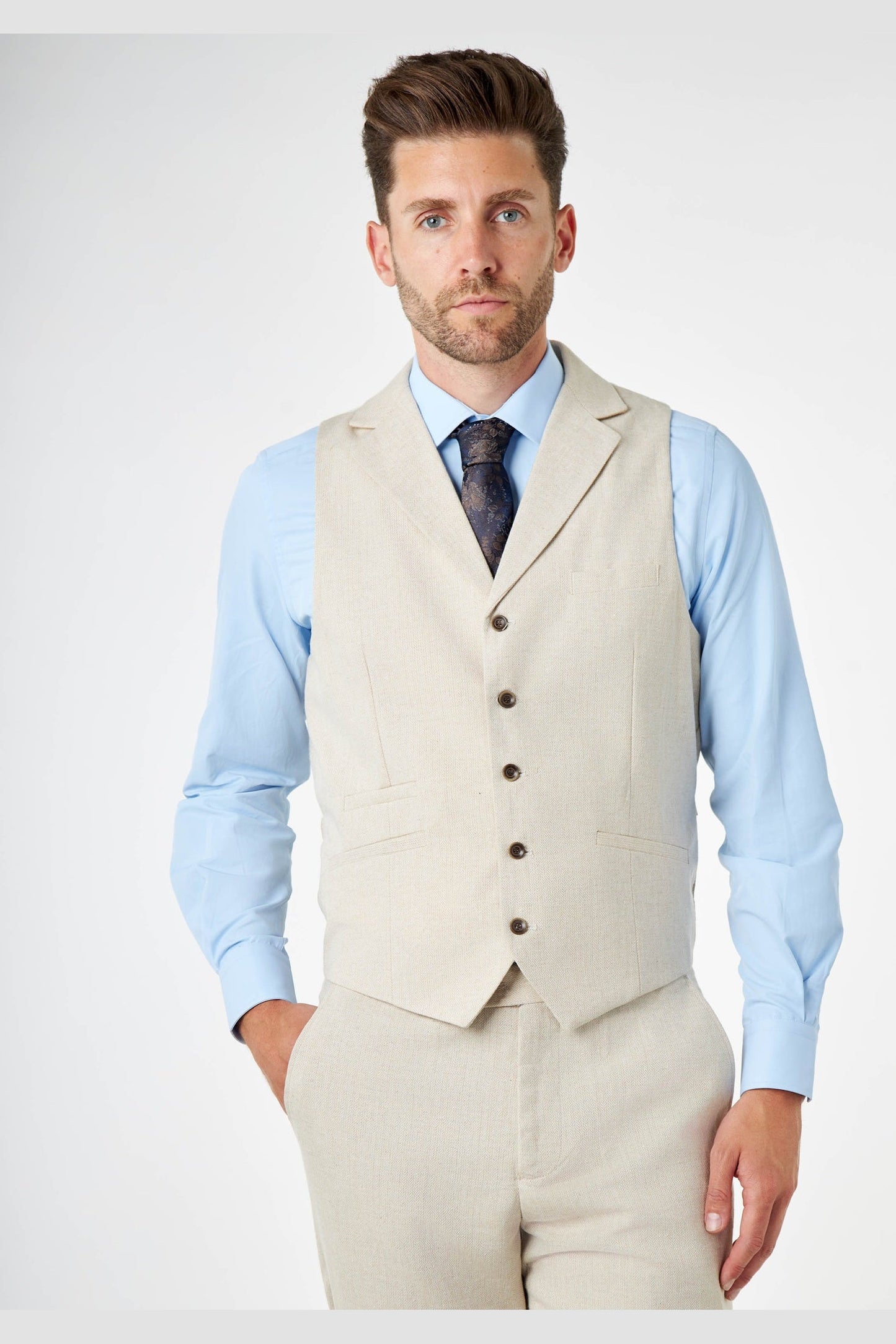 CALIX - Ivory Herringbone Tailored 3 Piece Suit