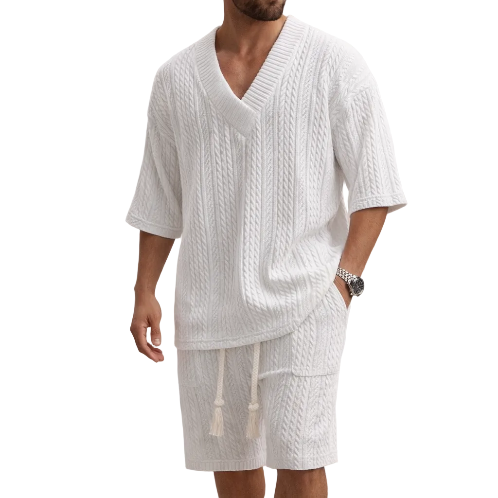 Men’s Cable Knit V-Neck T-Shirt and Shorts Co-Ord Set