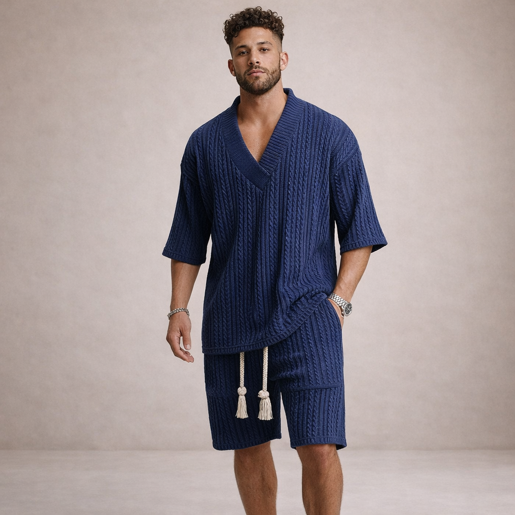 Men’s Cable Knit V-Neck T-Shirt and Shorts Co-Ord Set