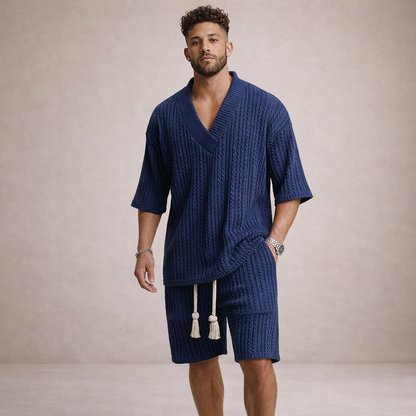 Men’s Cable Knit V-Neck T-Shirt and Shorts Co-Ord Set
