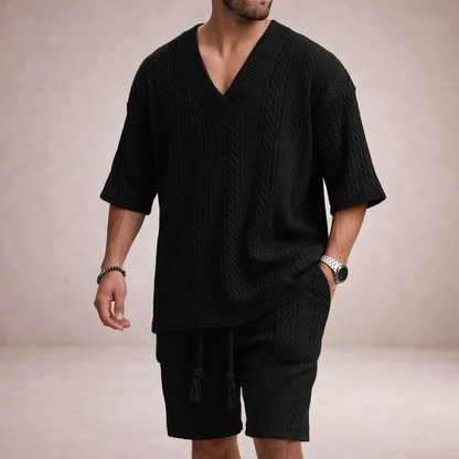 Men’s Cable Knit V-Neck T-Shirt and Shorts Co-Ord Set