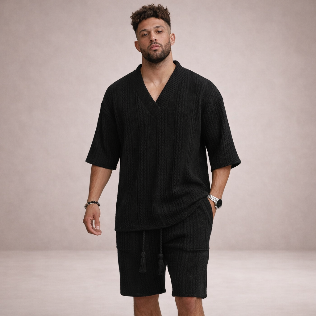 Men’s Cable Knit V-Neck T-Shirt and Shorts Co-Ord Set