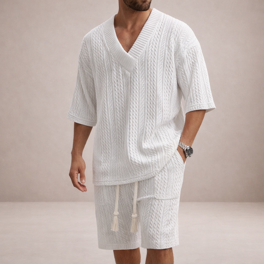 Men’s Cable Knit V-Neck T-Shirt and Shorts Co-Ord Set