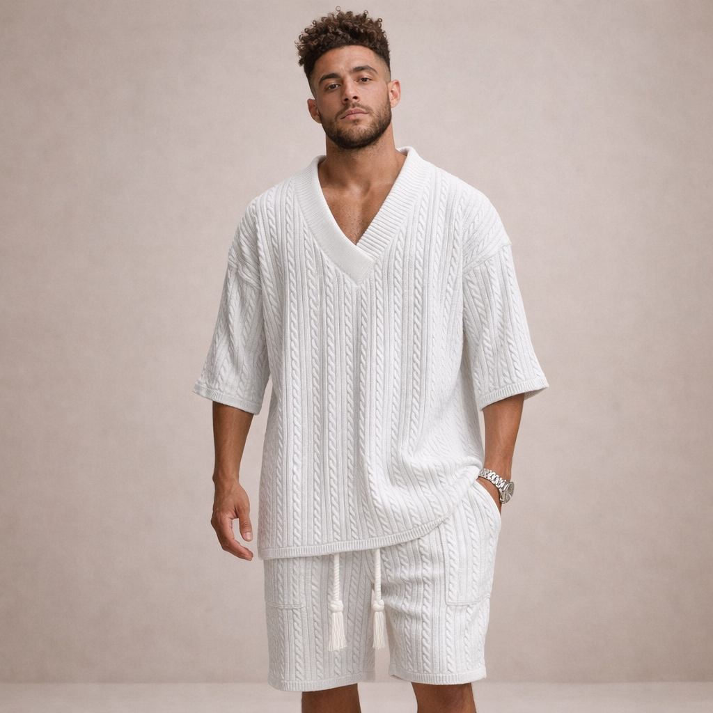 Men’s Cable Knit V-Neck T-Shirt and Shorts Co-Ord Set
