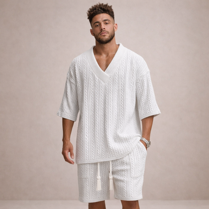 Men’s Cable Knit V-Neck T-Shirt and Shorts Co-Ord Set