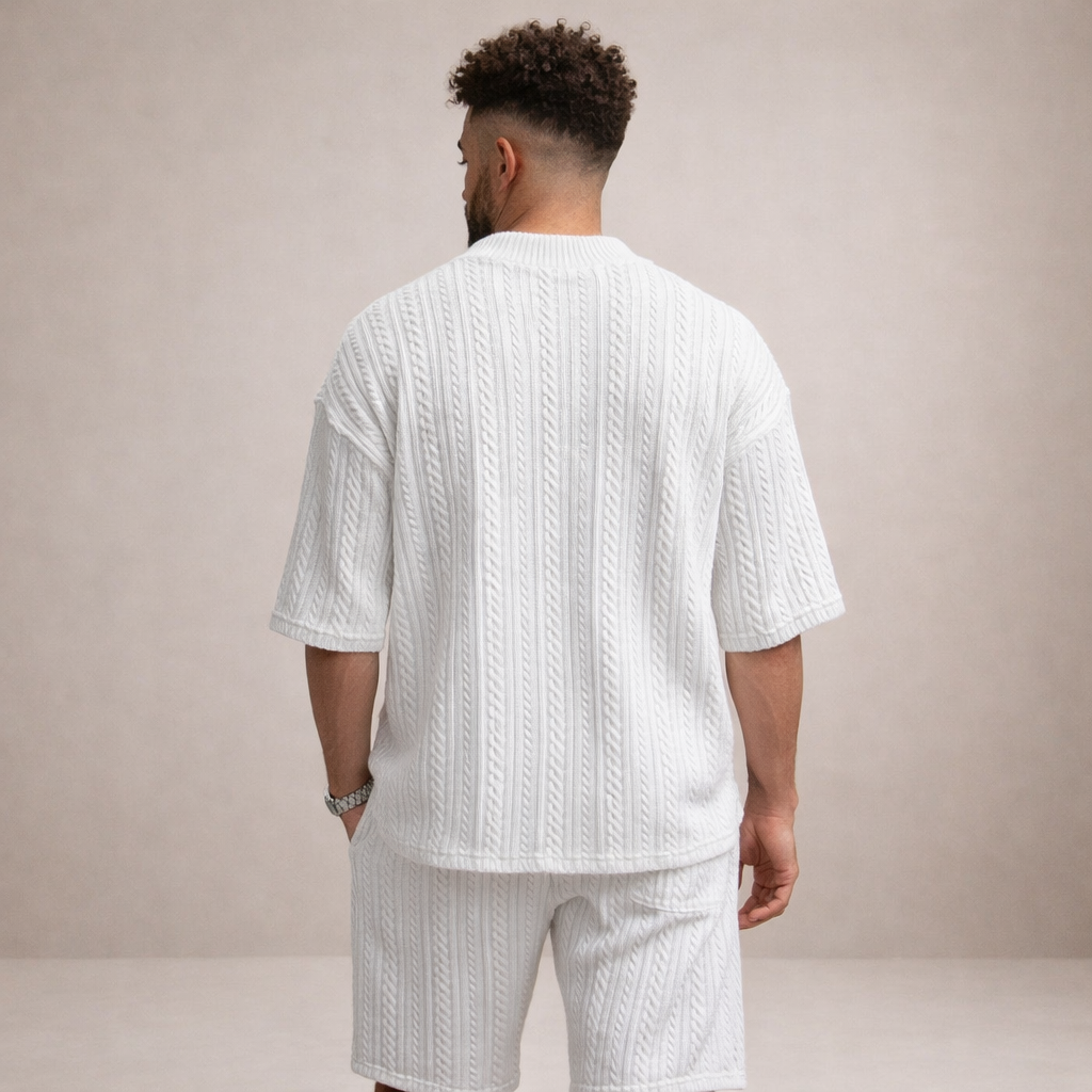 Men’s Cable Knit V-Neck T-Shirt and Shorts Co-Ord Set