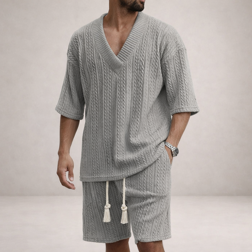Men’s Cable Knit V-Neck T-Shirt and Shorts Co-Ord Set