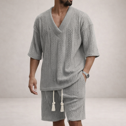 Men’s Cable Knit V-Neck T-Shirt and Shorts Co-Ord Set