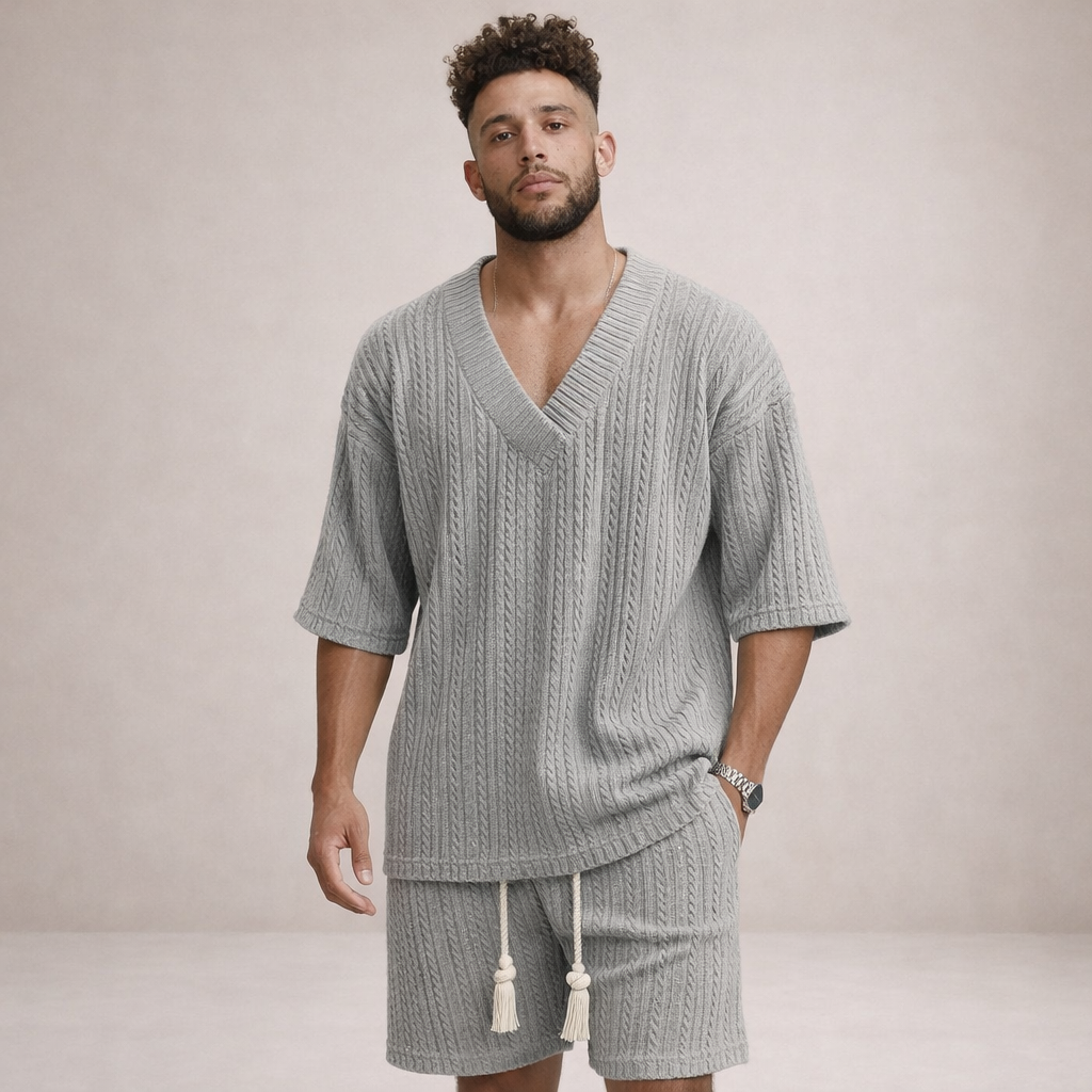 Men’s Cable Knit V-Neck T-Shirt and Shorts Co-Ord Set