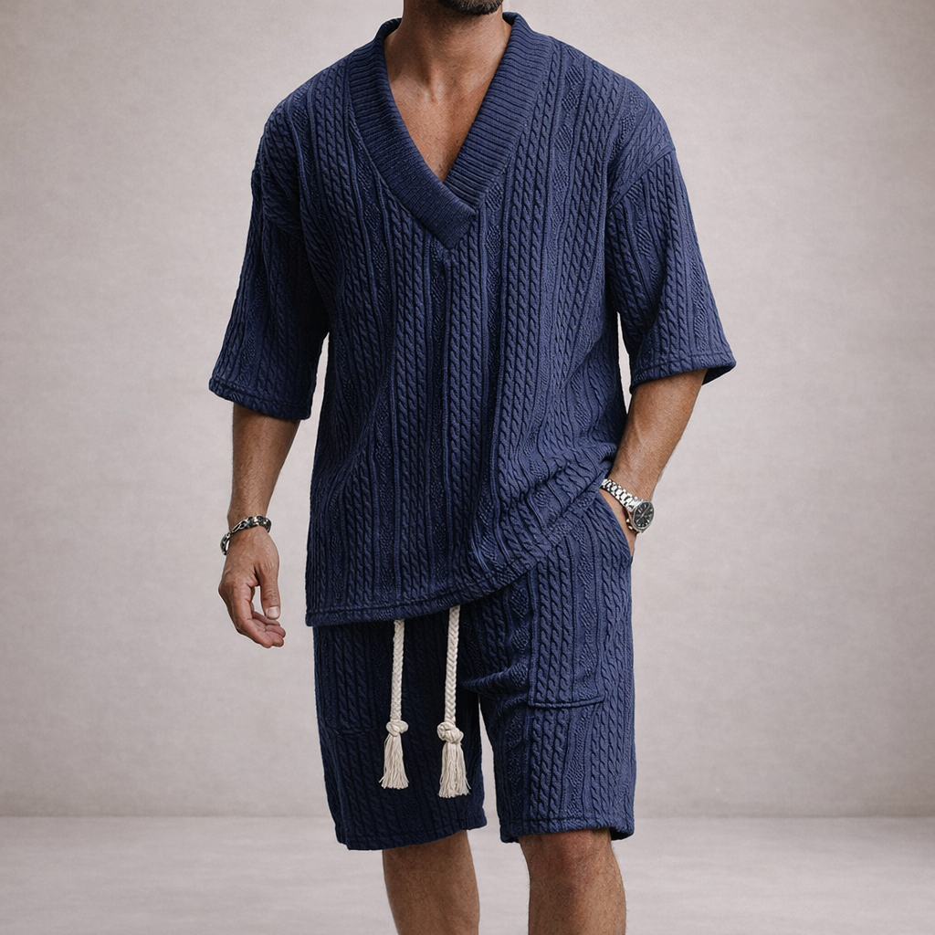 Men’s Cable Knit V-Neck T-Shirt and Shorts Co-Ord Set