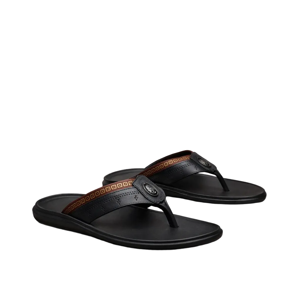 Men’s Leather Flip Flops with Textured Strap and Toe Post