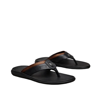 Men’s Leather Flip Flops with Textured Strap and Toe Post