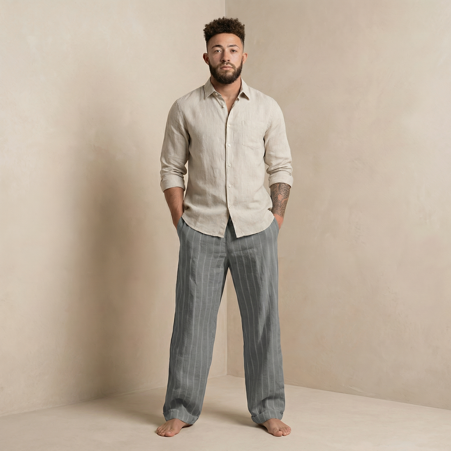 Men’s Relaxed Fit Linen Trousers with Drawstring Waist