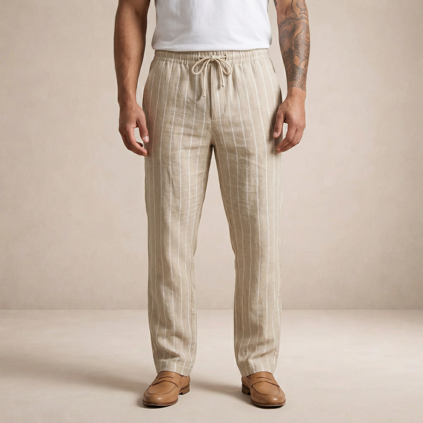 Men’s Relaxed Fit Linen Trousers with Drawstring Waist
